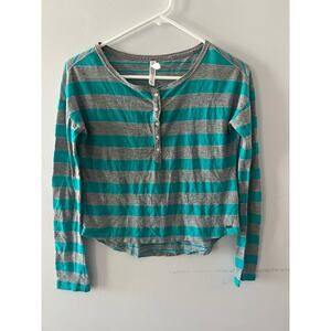 Aeropostale Top Women's XS Teal Gray Striped Henley Teen Preppy Y2K Long Sleeve